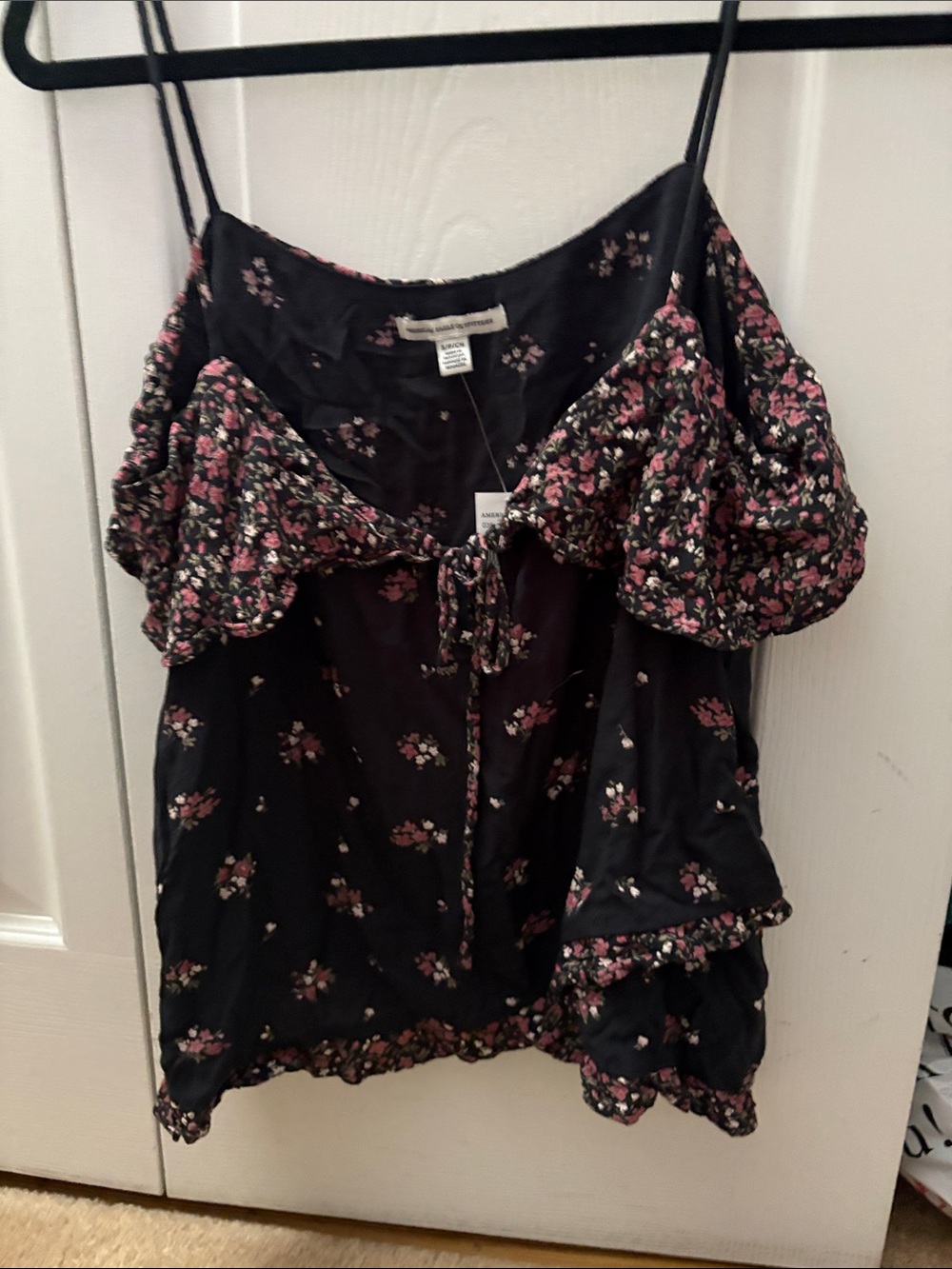 American Eagle Outfitters Black Cami with Pink Floral Ruffles